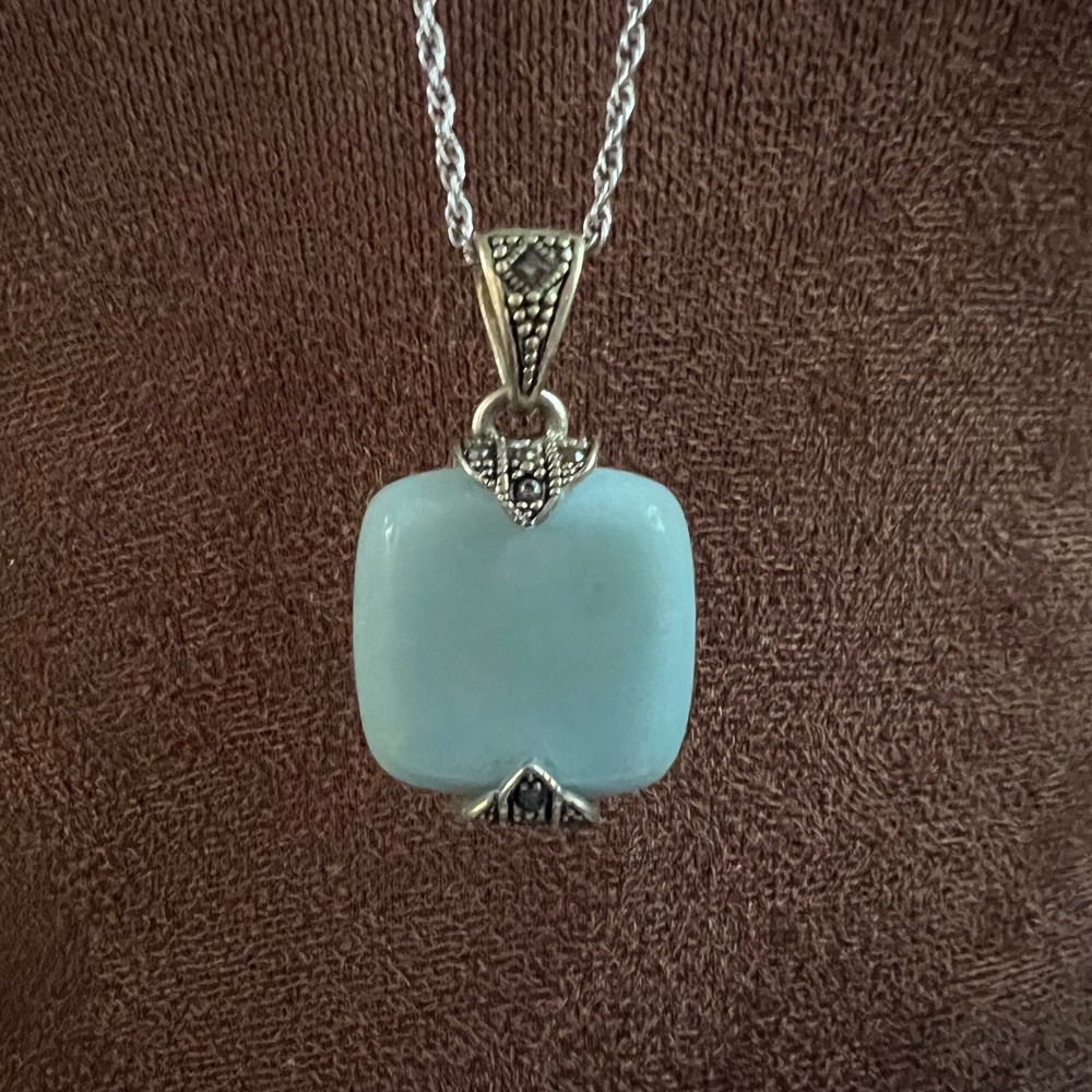 Vintage Light Blue Stone Square Pendant Silver Tone 30 Inch Necklace Cottagecore